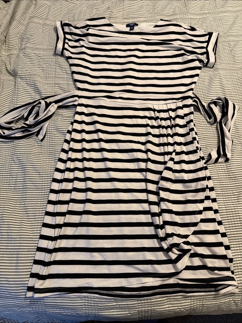 Champs Black & White Striped Tie-Waist Midi Dress